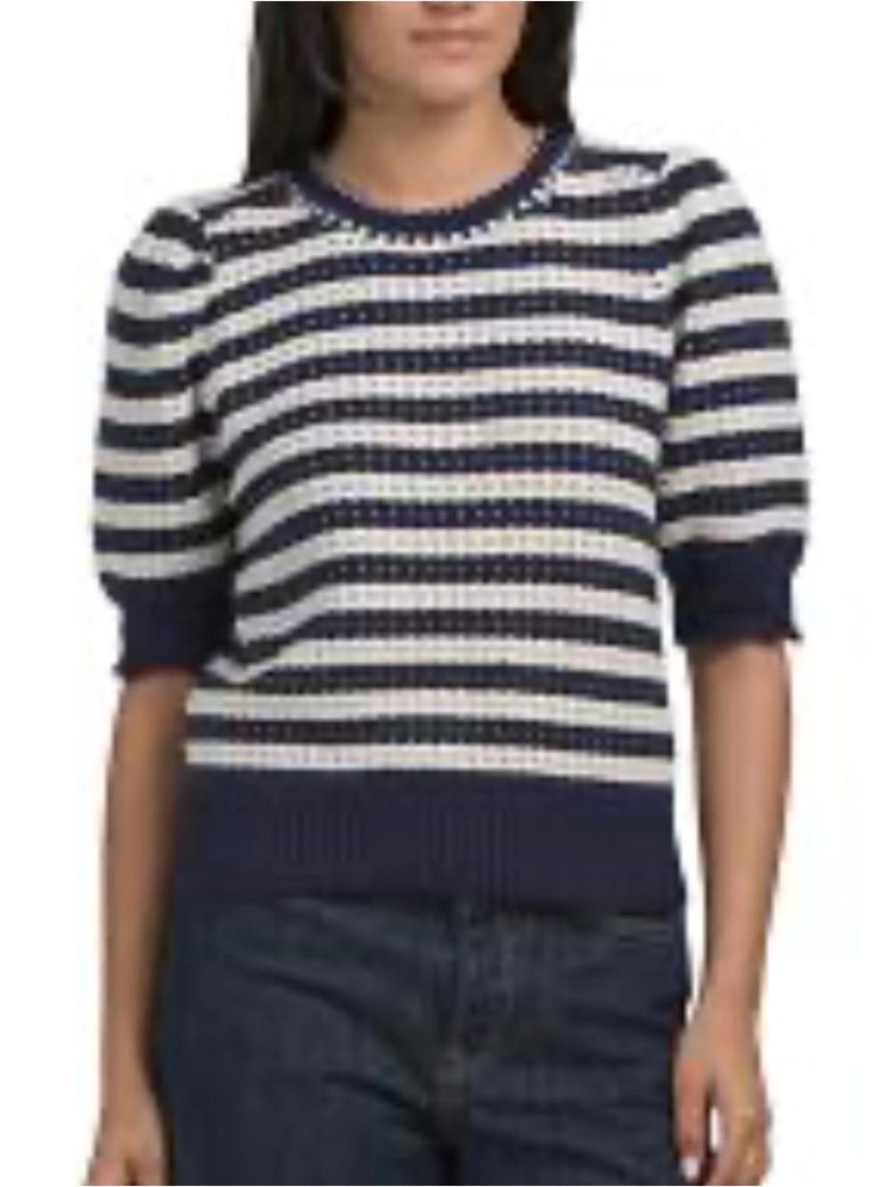 Striped Navy and White Short-Sleeve Knit Sweater